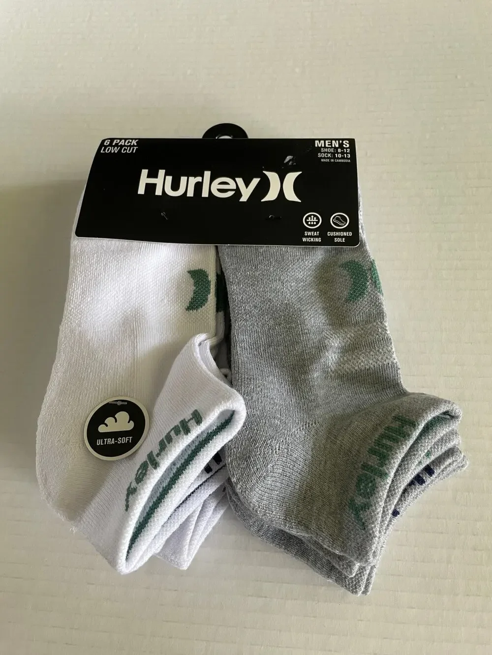 ADULT HURLEY 6 PAIR GRAY WHITE ANKLE SOCKS NEW